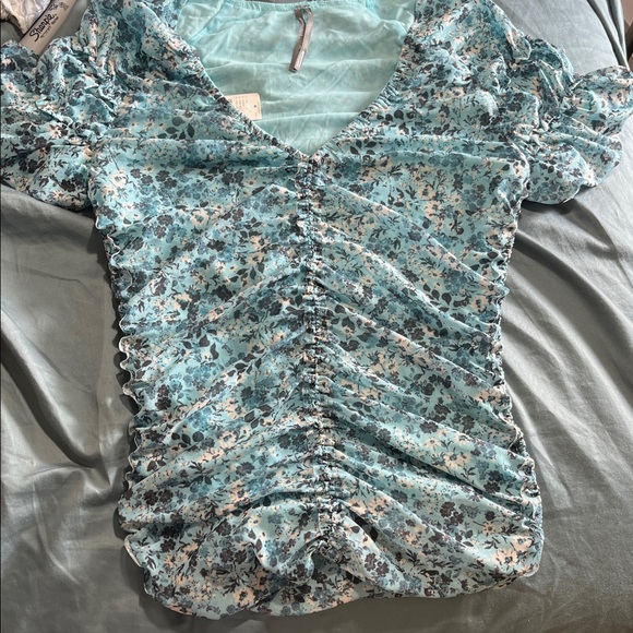 New Anthropologie Shirred Mesh Floral Top, S - Picture 2 of 6